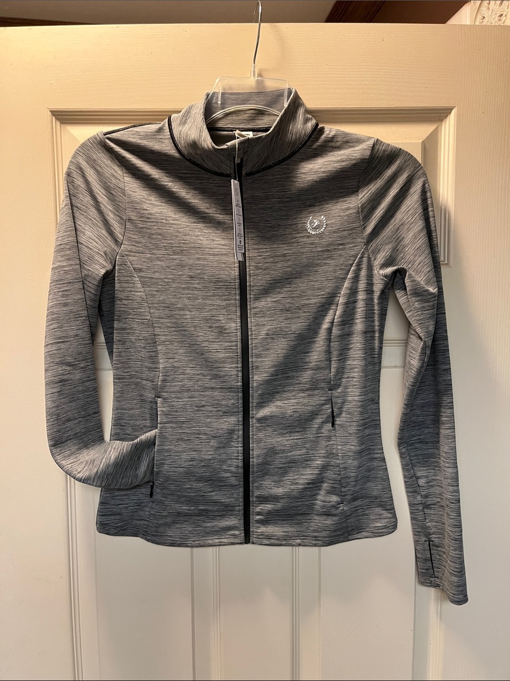 NWT Victoria Secret PINK LG Relay full zip Jacket Pure Black Marl silver logo